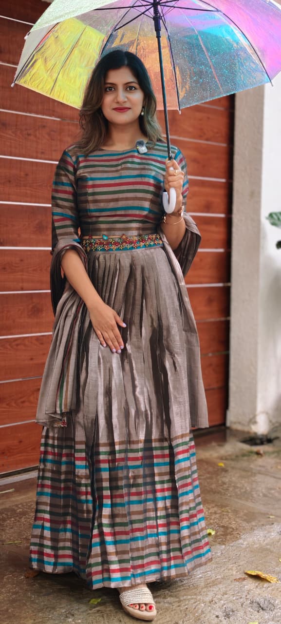 Tribal Inspired Metallic Multicolor Stripe Elegance Crop-Top With Belt Look Matching Skirt With Dupatta In Premium Tissue Fabric- 15321