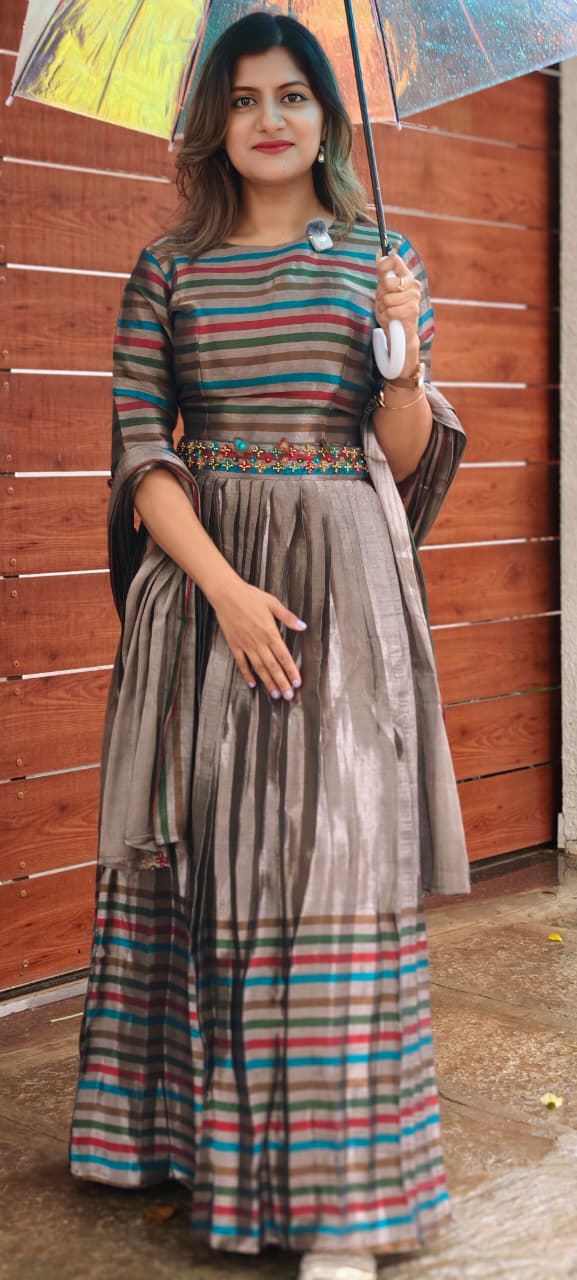 Tribal Inspired Metallic Multicolor Stripe Elegance Crop-Top With Belt Look Matching Skirt With Dupatta In Premium Tissue Fabric- 15321