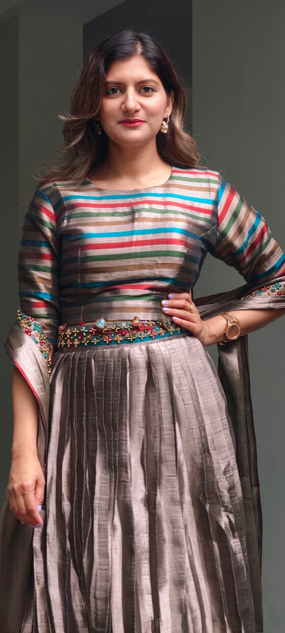 Tribal Inspired Metallic Multicolor Stripe Elegance Crop-Top With Belt Look Matching Skirt With Dupatta In Premium Tissue Fabric- 15321
