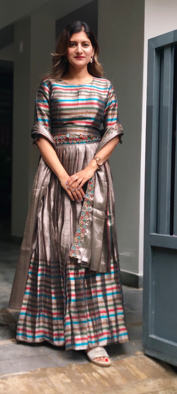 Tribal Inspired Metallic Multicolor Stripe Elegance Crop-Top With Belt Look Matching Skirt With Dupatta In Premium Tissue Fabric- 15321