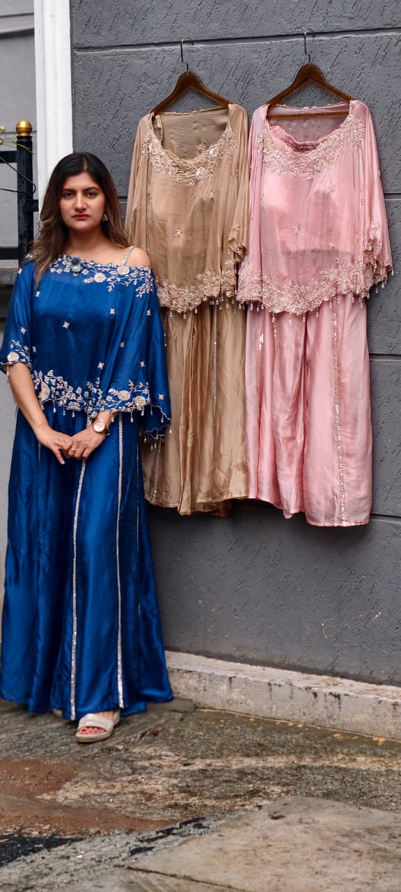 Premium Floral Hand Embroidery Crystal Tassel Accent One-Side Off Soulder Flowy Cape With Buster & Palazzo Bottom- 15976