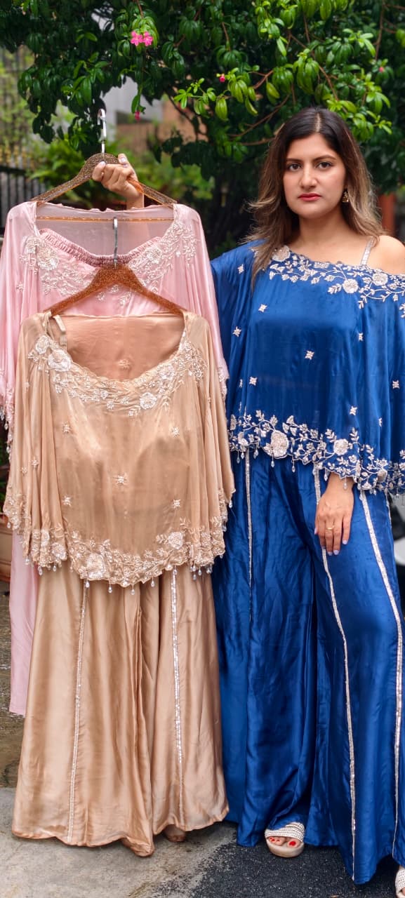 Premium Floral Hand Embroidery Crystal Tassel Accent One-Side Off Soulder Flowy Cape With Buster & Palazzo Bottom- 15976