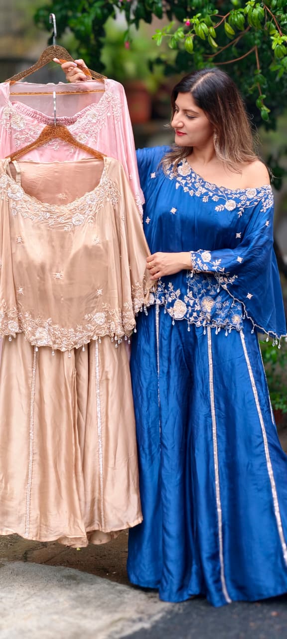 Premium Floral Hand Embroidery Crystal Tassel Accent One-Side Off Soulder Flowy Cape With Buster & Palazzo Bottom- 15976