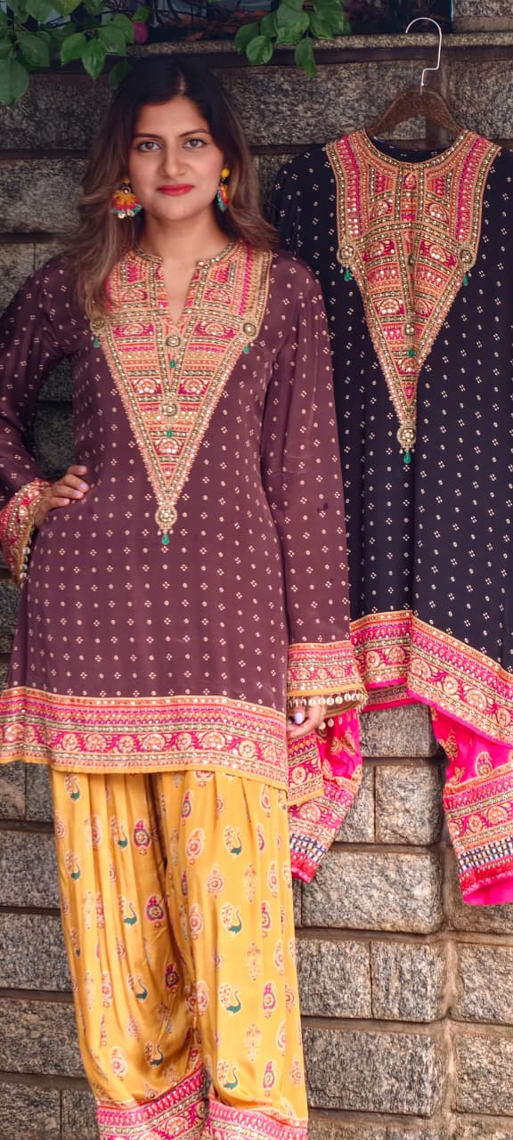 Rajasthani Touch Multicolor Prints Sequin Detailing Short Length Kurta With Farshi Salwar Set- 15685