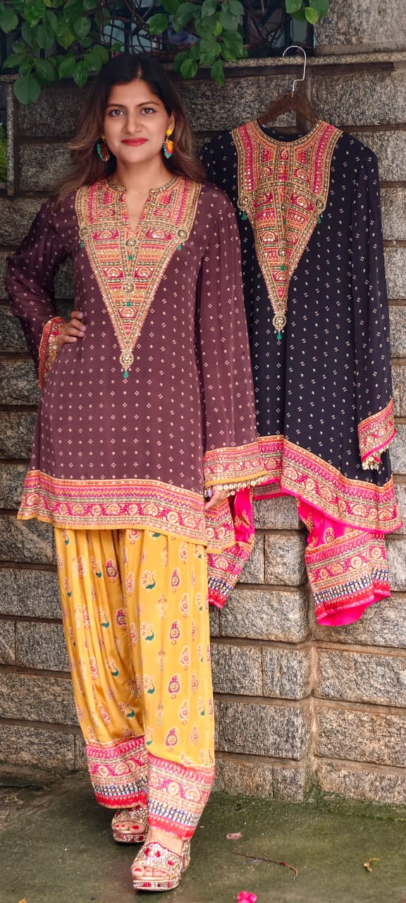 Rajasthani Touch Multicolor Prints Sequin Detailing Short Length Kurta With Farshi Salwar Set- 15685
