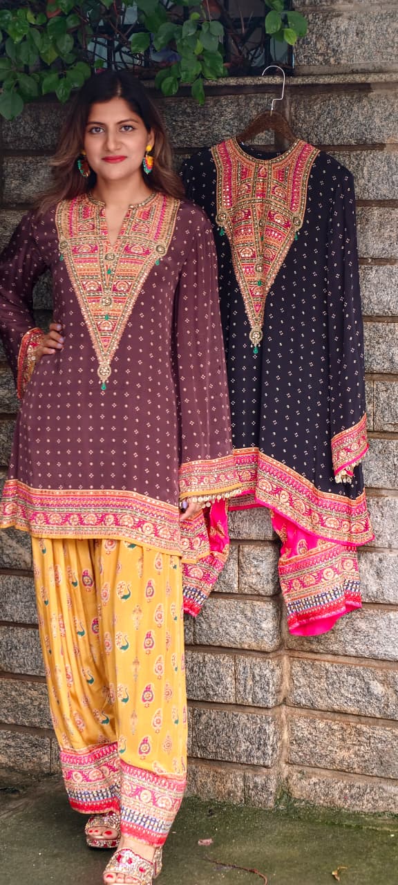 Rajasthani Touch Multicolor Prints Sequin Detailing Short Length Kurta With Farshi Salwar Set- 15685