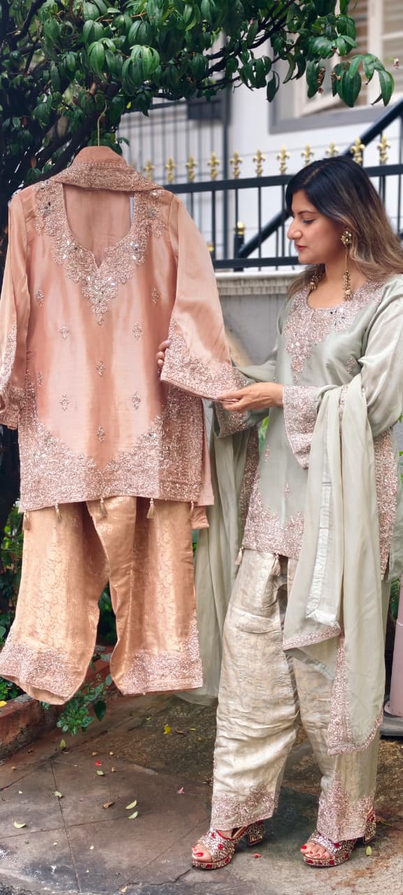Real Mirror Fine Shimmer Intricate Embroidery Latkan Accent Kurta With Farshi Salwar & Dupatta- 16020