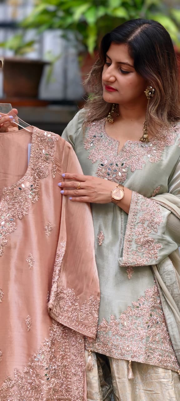 Real Mirror Fine Shimmer Intricate Embroidery Latkan Accent Kurta With Farshi Salwar & Dupatta- 16020