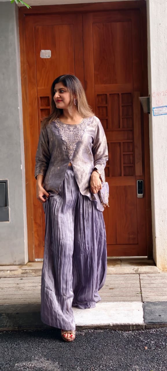 Premium Zardosi Dabka Golden Inticate Embroidered Yoke Front Slitted Kurta With Crush Palazzo Bottom & Love Shaped Tassel Potli- 15338
