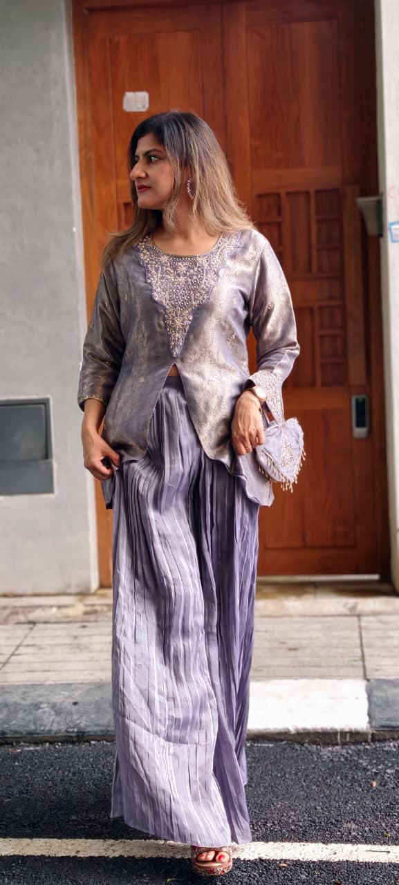 Premium Zardosi Dabka Golden Inticate Embroidered Yoke Front Slitted Kurta With Crush Palazzo Bottom & Love Shaped Tassel Potli- 15338
