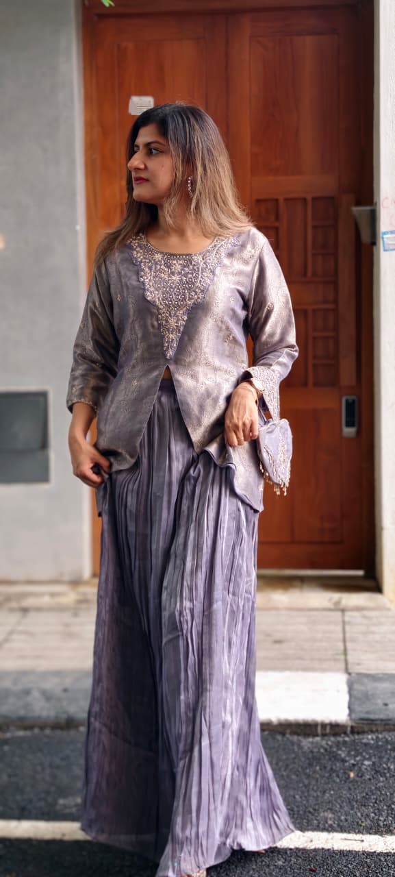 Premium Zardosi Dabka Golden Inticate Embroidered Yoke Front Slitted Kurta With Crush Palazzo Bottom & Love Shaped Tassel Potli- 15338