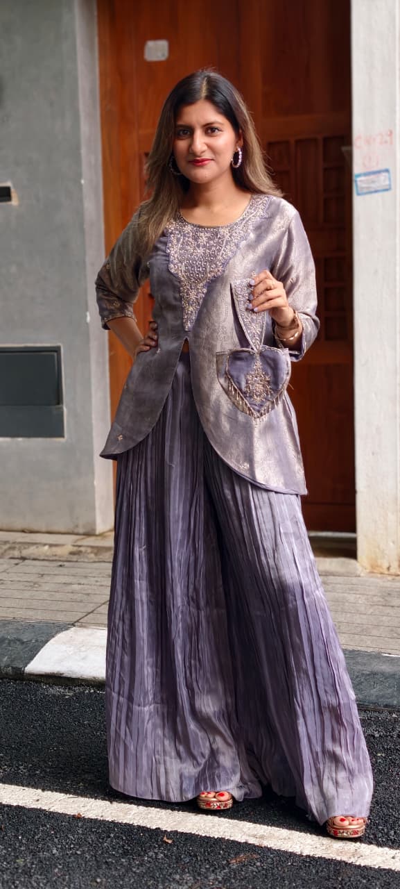 Premium Zardosi Dabka Golden Inticate Embroidered Yoke Front Slitted Kurta With Crush Palazzo Bottom & Love Shaped Tassel Potli- 15338