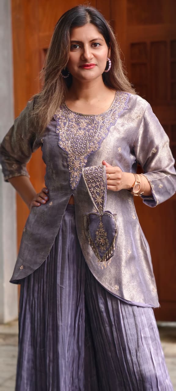 Premium Zardosi Dabka Golden Inticate Embroidered Yoke Front Slitted Kurta With Crush Palazzo Bottom & Love Shaped Tassel Potli- 15338