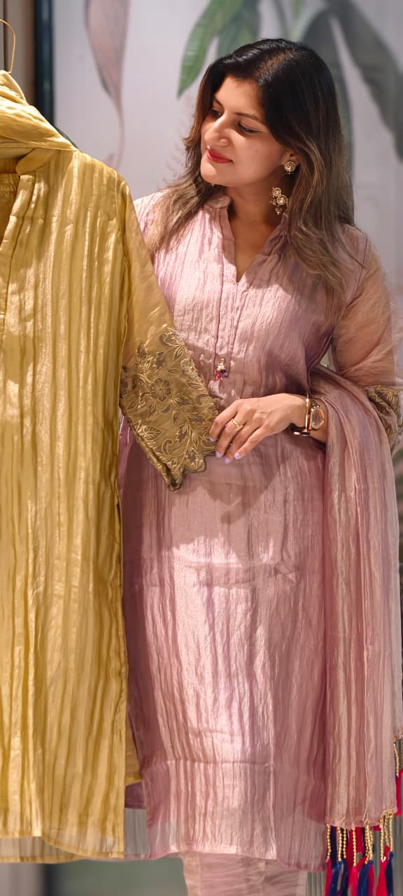 Premium Crush Tissue Embroideries Over Sleeve & Latkan Accent Straight Full Suit Set With Dupatta- 15707