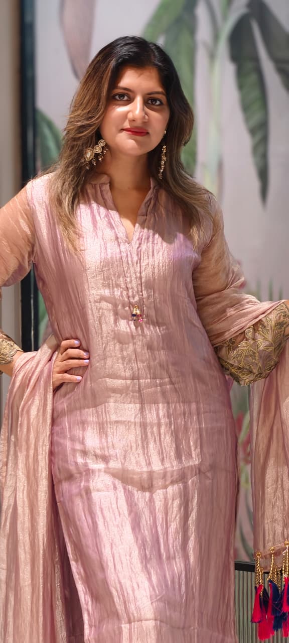 Premium Crush Tissue Embroideries Over Sleeve & Latkan Accent Straight Full Suit Set With Dupatta- 15707