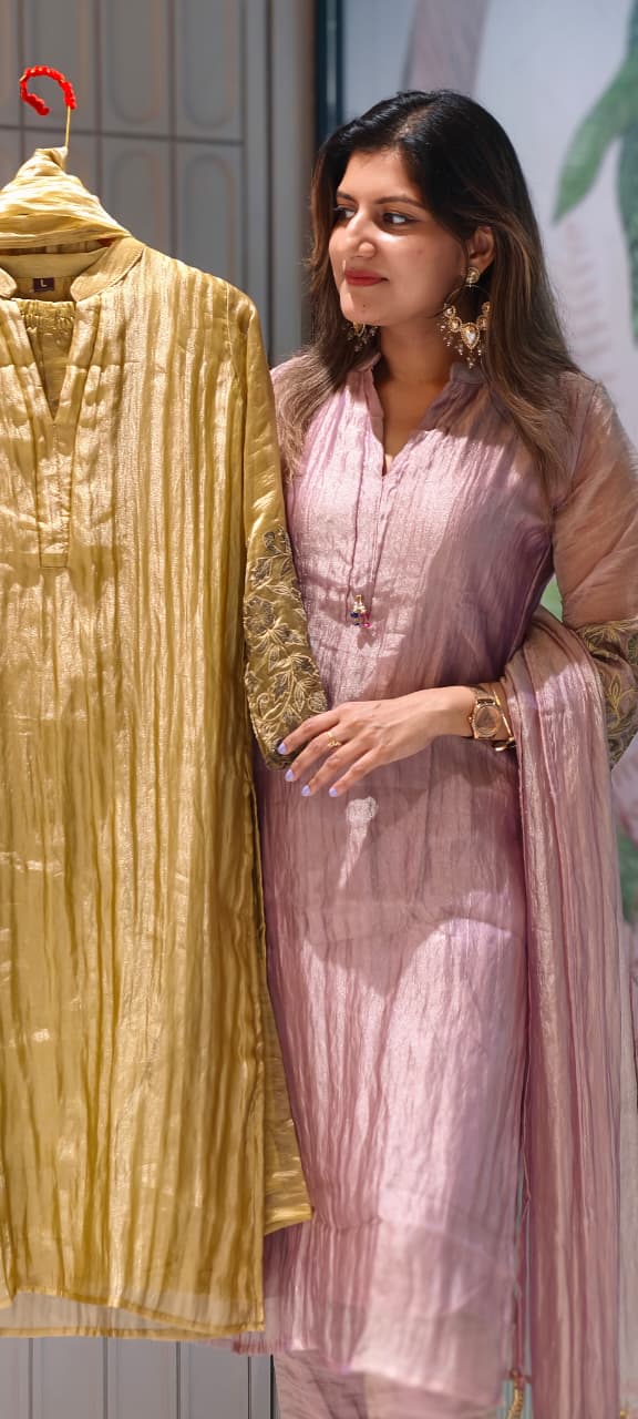 Premium Crush Tissue Embroideries Over Sleeve & Latkan Accent Straight Full Suit Set With Dupatta- 15707