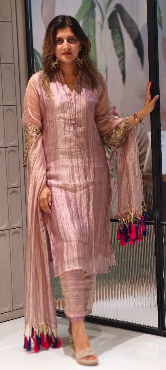 Premium Crush Tissue Embroideries Over Sleeve & Latkan Accent Straight Full Suit Set With Dupatta- 15707