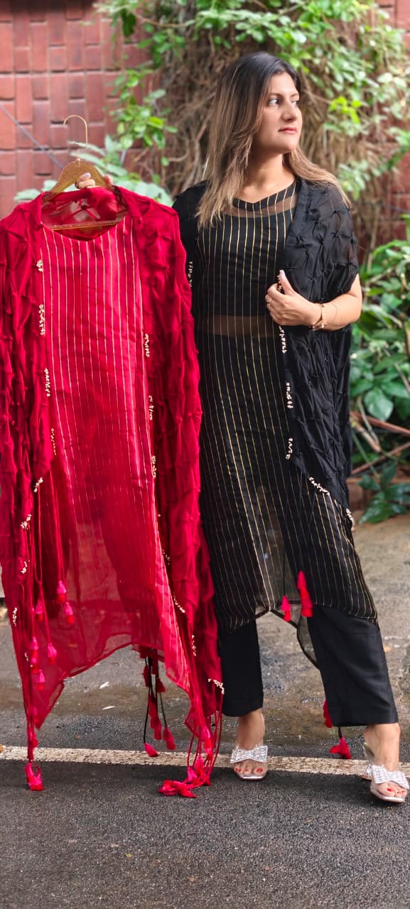 Pin-Tucks Tiny Highlights Red Boho Tassel Accent Outer With Crop Top & Straight Solid Bottom- 15430