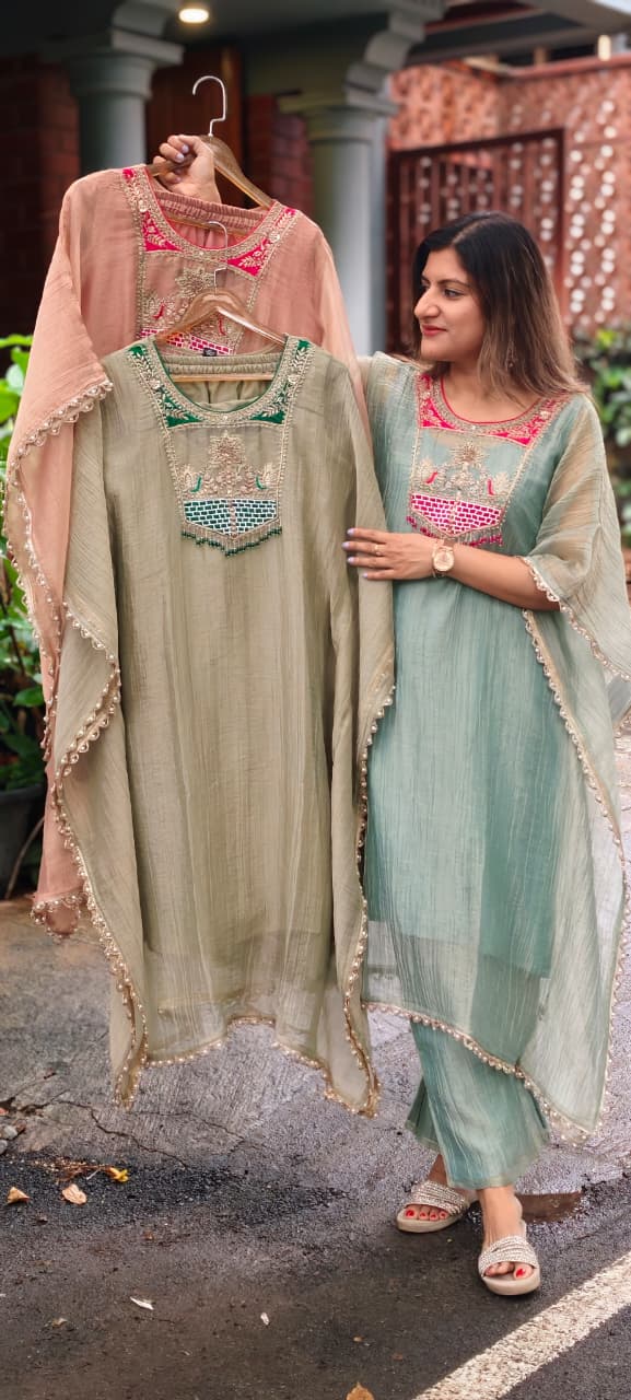 Dabka Contrasted Embroidered Tassel Yoke Premium Salsa Fabric Kaftan With Matching Bottom- 15972