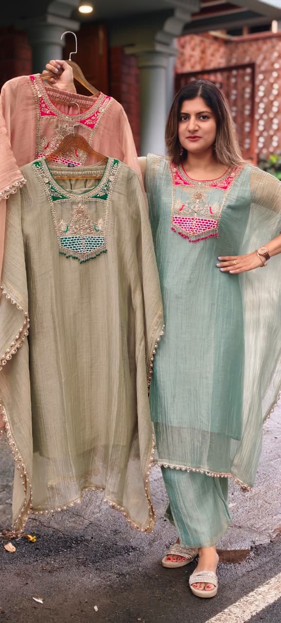 Dabka Contrasted Embroidered Tassel Yoke Premium Salsa Fabric Kaftan With Matching Bottom- 15972