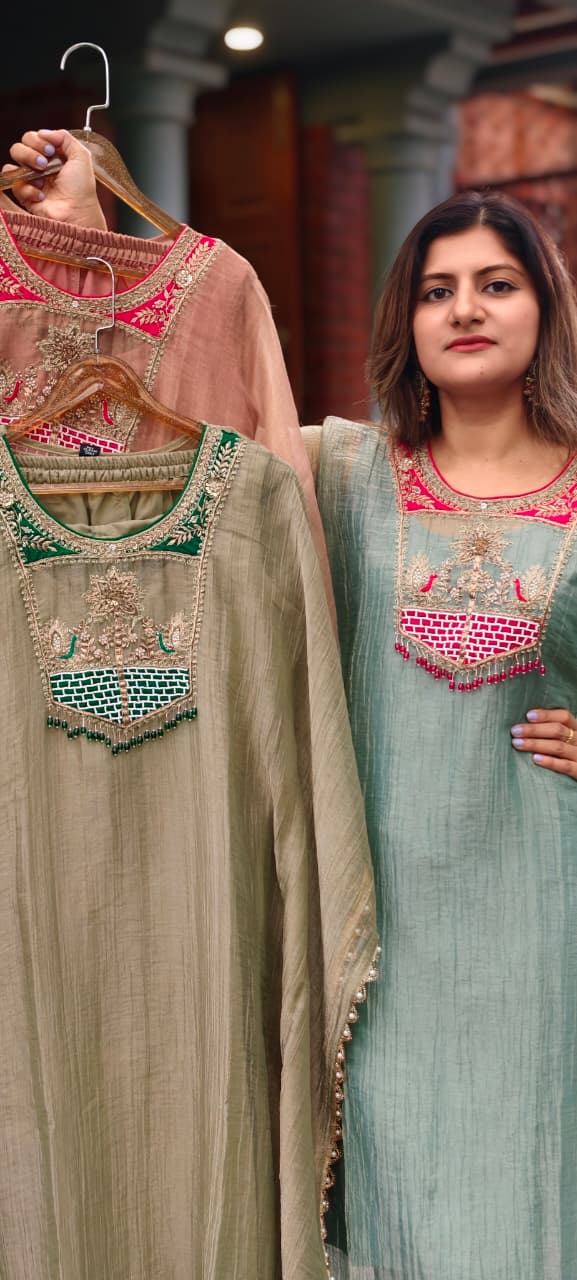 Dabka Contrasted Embroidered Tassel Yoke Premium Salsa Fabric Kaftan With Matching Bottom- 15972