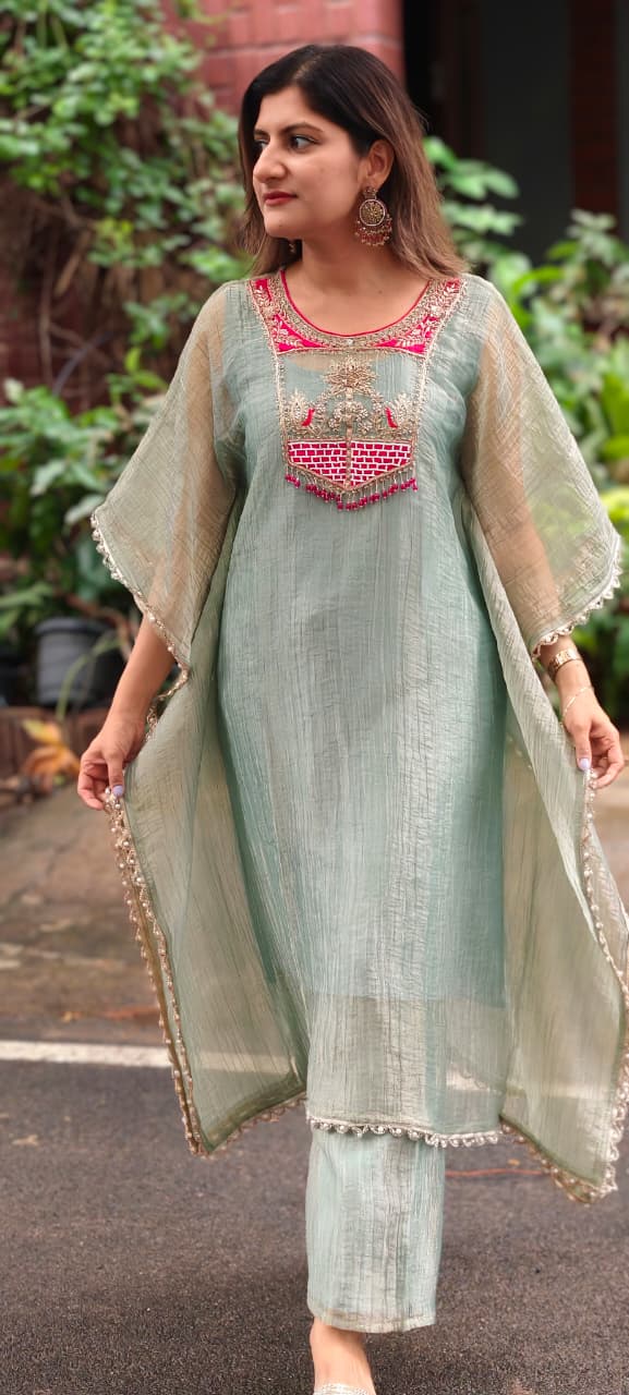 Dabka Contrasted Embroidered Tassel Yoke Premium Salsa Fabric Kaftan With Matching Bottom- 15972
