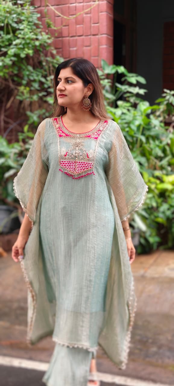 Dabka Contrasted Embroidered Tassel Yoke Premium Salsa Fabric Kaftan With Matching Bottom- 15972