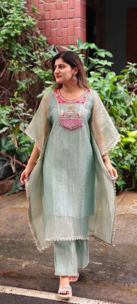 Dabka Contrasted Embroidered Tassel Yoke Premium Salsa Fabric Kaftan With Matching Bottom- 15972
