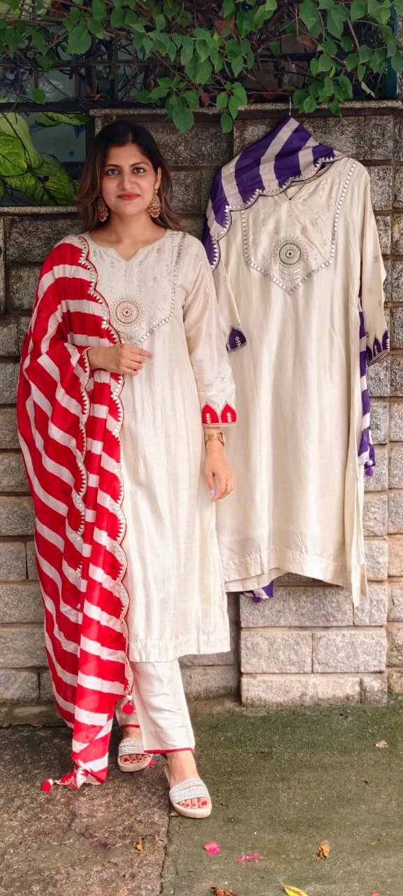 Creamish White Zardosi Ivory Embroidered Yoke With Vobrant Contrasted Twin Color Russian Silk Full Suit Set With Striped Dupatta- 15984