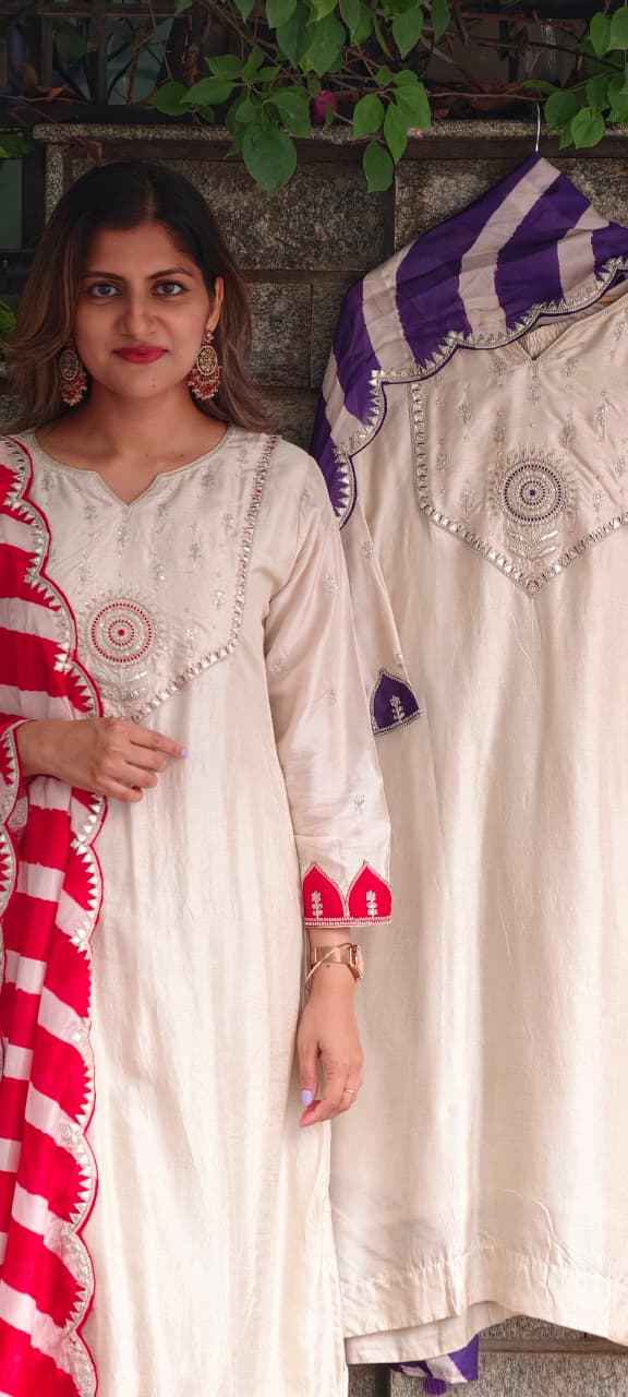 Creamish White Zardosi Ivory Embroidered Yoke With Vobrant Contrasted Twin Color Russian Silk Full Suit Set With Striped Dupatta- 15984