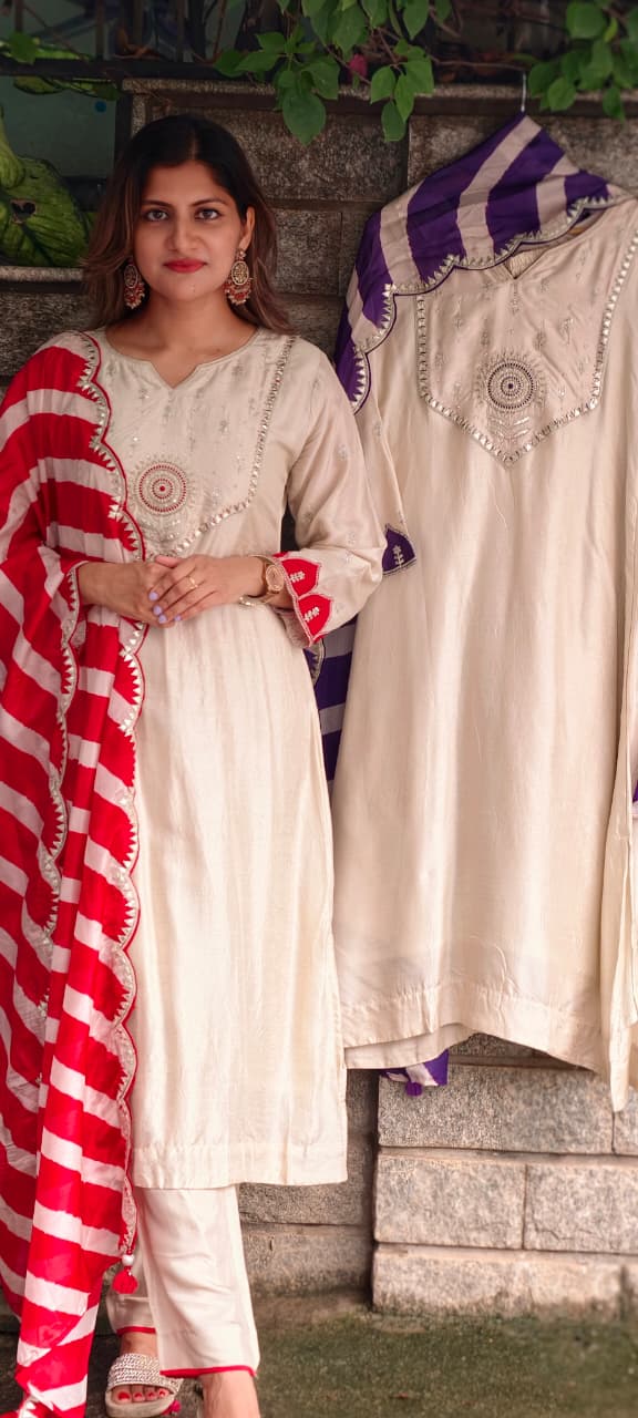 Creamish White Zardosi Ivory Embroidered Yoke With Vobrant Contrasted Twin Color Russian Silk Full Suit Set With Striped Dupatta- 15984