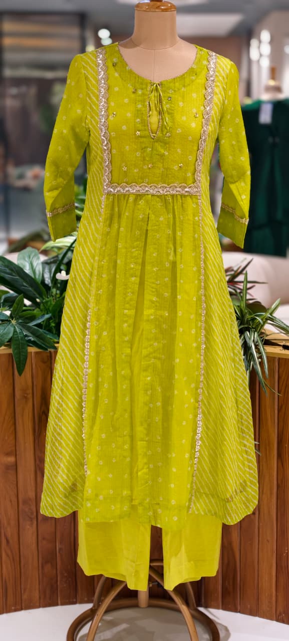 Parrot Inspired Shade Shimmer Border Highlights Leher Panel Checks Kora Cotton A-line Full Suit Set With Dupatta- 15986