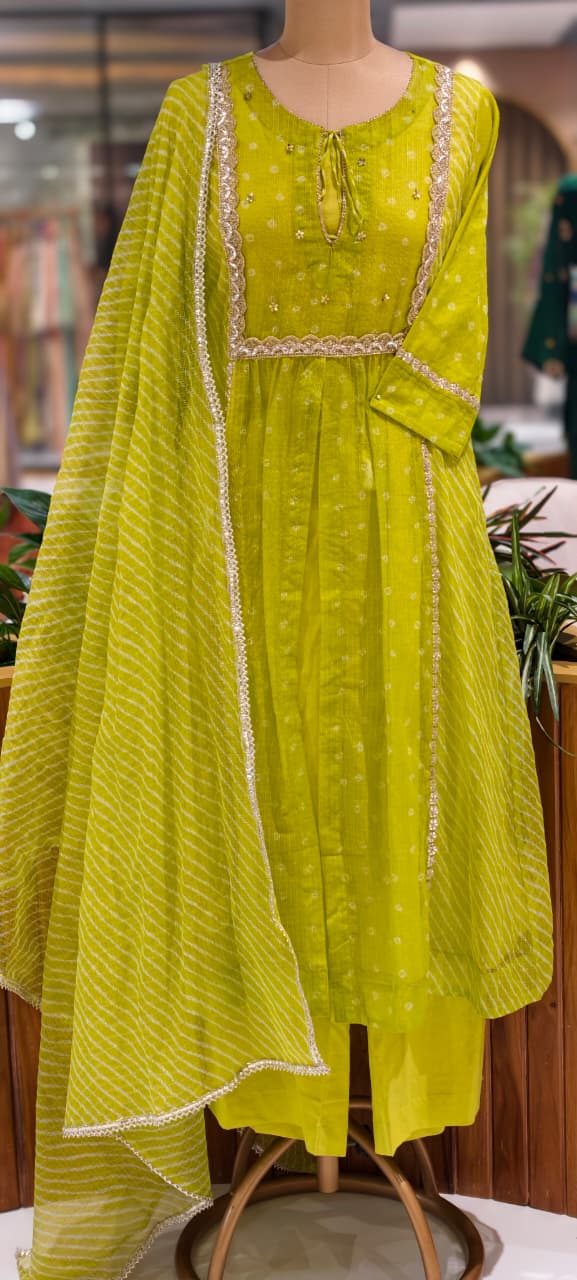 Parrot Inspired Shade Shimmer Border Highlights Leher Panel Checks Kora Cotton A-line Full Suit Set With Dupatta- 15986