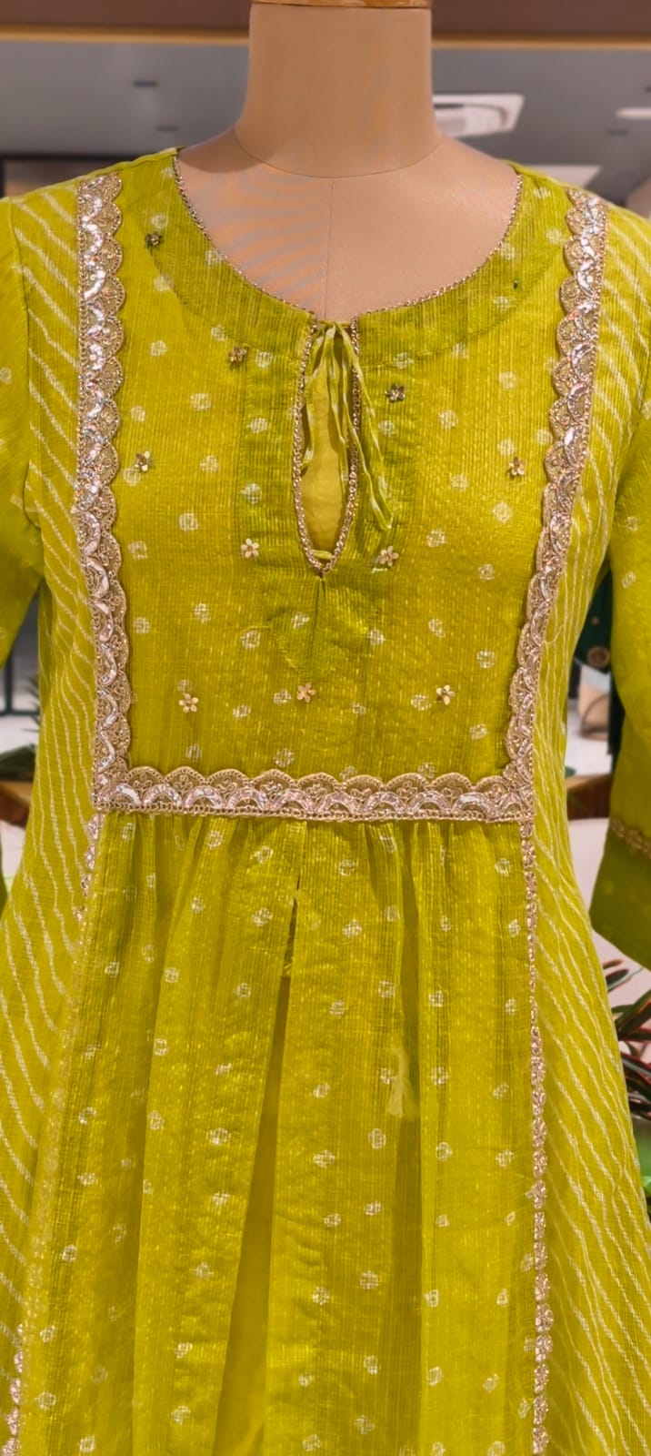 Parrot Inspired Shade Shimmer Border Highlights Leher Panel Checks Kora Cotton A-line Full Suit Set With Dupatta- 15986