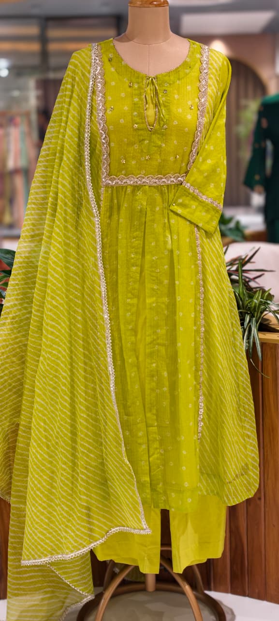 Parrot Inspired Shade Shimmer Border Highlights Leher Panel Checks Kora Cotton A-line Full Suit Set With Dupatta- 15986