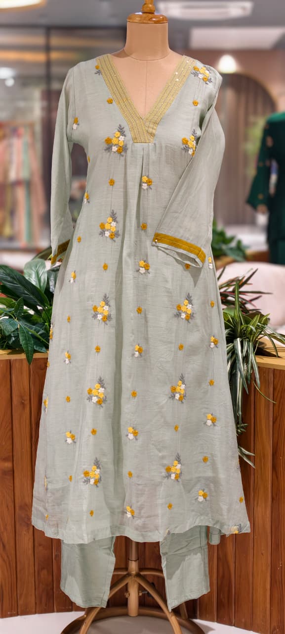 Cute Spring Florals Fine Embroidery Neck & Sleeve Borders Mul-Chanderi A-Line Full Suit Set With Dupatta- 15996