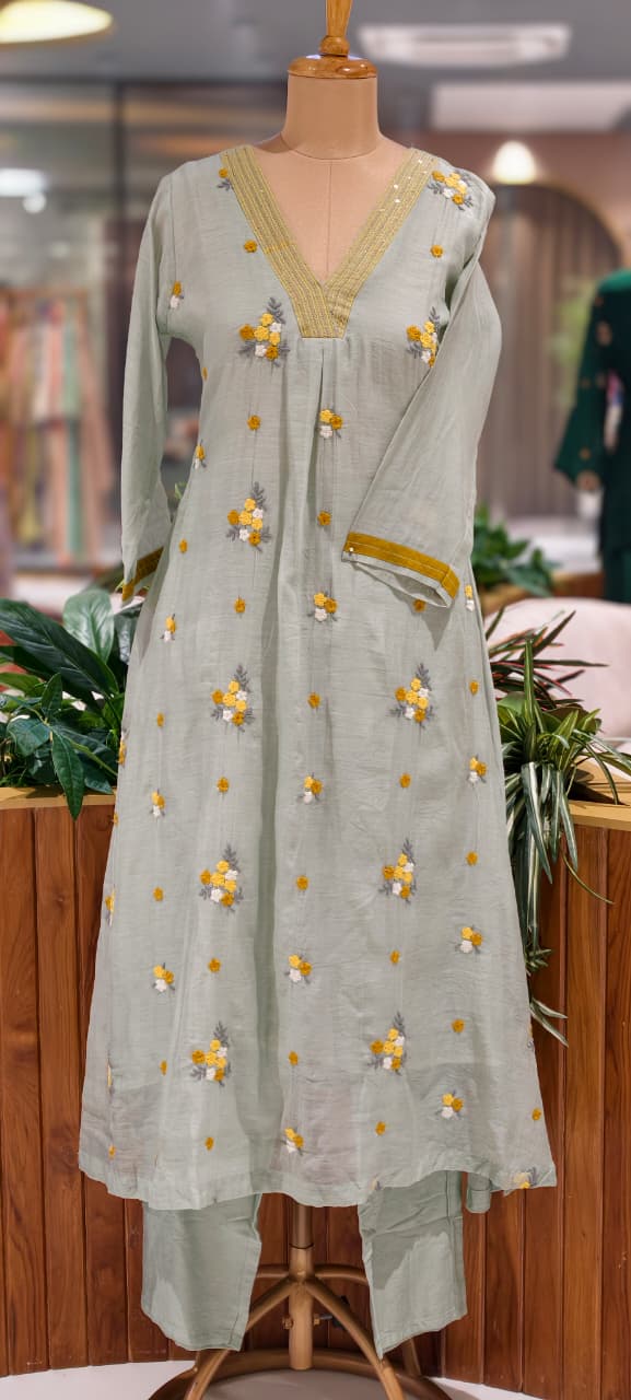 Cute Spring Florals Fine Embroidery Neck & Sleeve Borders Mul-Chanderi A-Line Full Suit Set With Dupatta- 15996