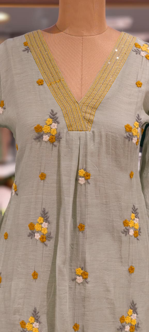 Cute Spring Florals Fine Embroidery Neck & Sleeve Borders Mul-Chanderi A-Line Full Suit Set With Dupatta- 15996