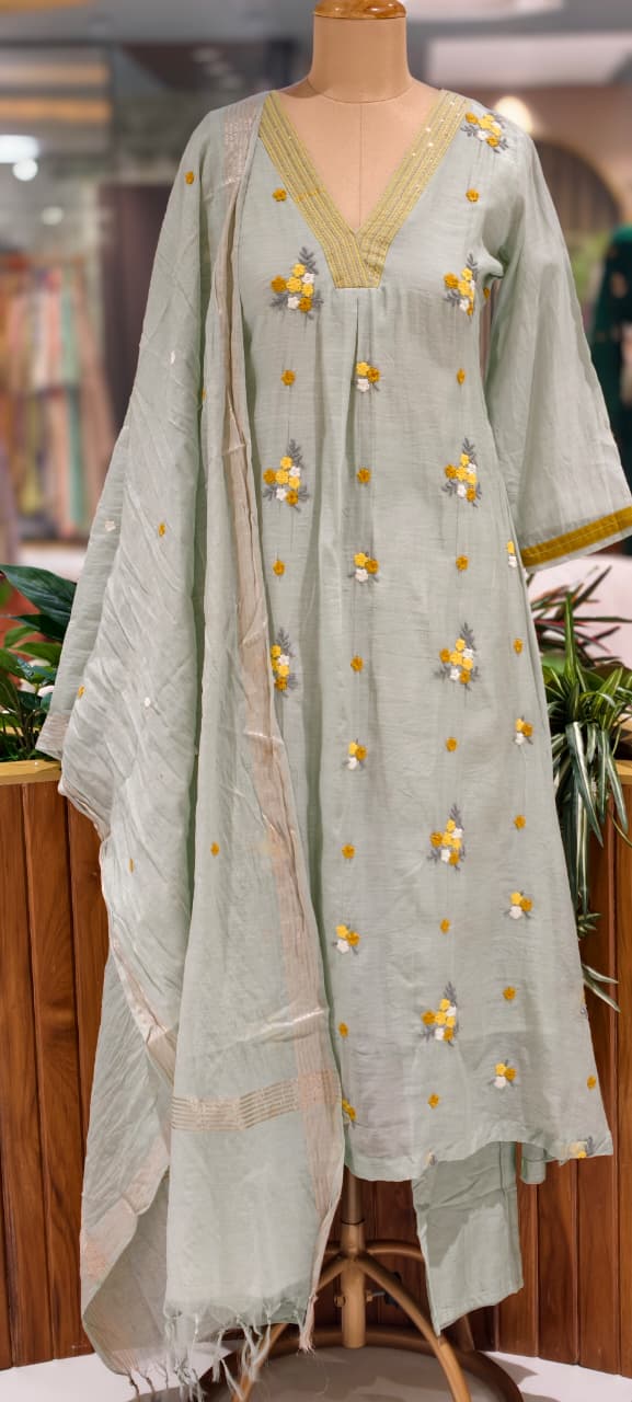 Cute Spring Florals Fine Embroidery Neck & Sleeve Borders Mul-Chanderi A-Line Full Suit Set With Dupatta- 15996