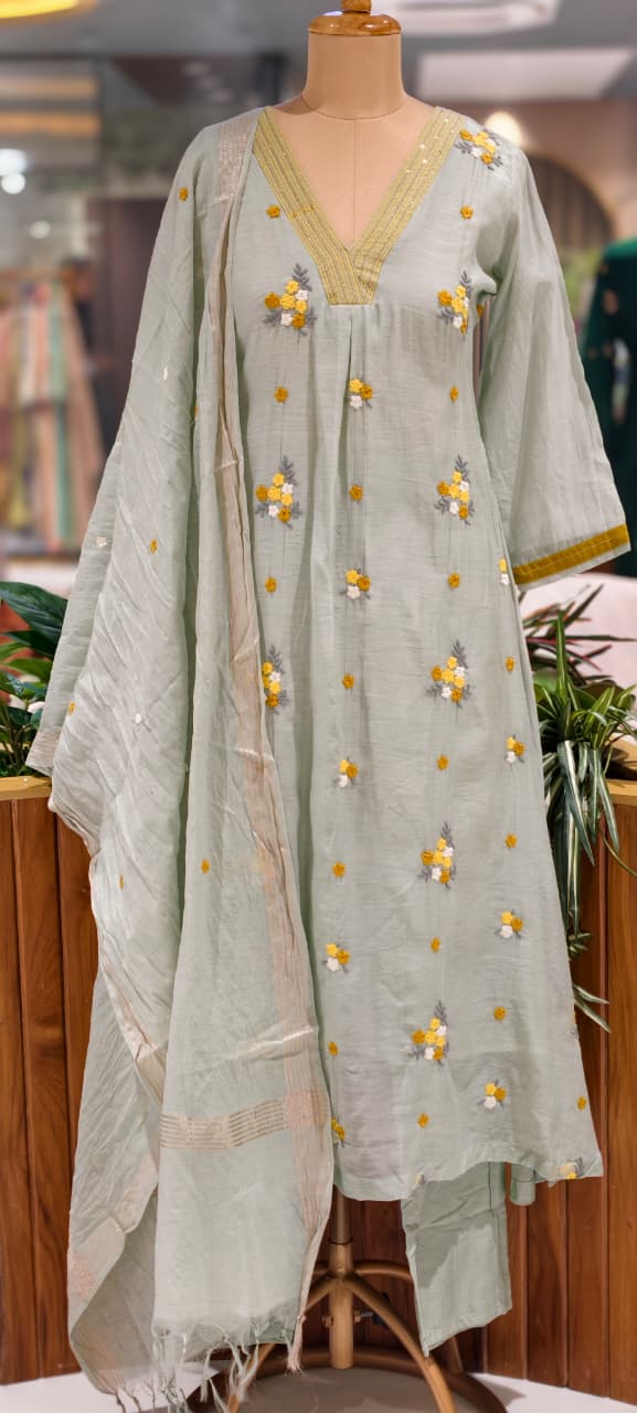 Cute Spring Florals Fine Embroidery Neck & Sleeve Borders Mul-Chanderi A-Line Full Suit Set With Dupatta- 15996