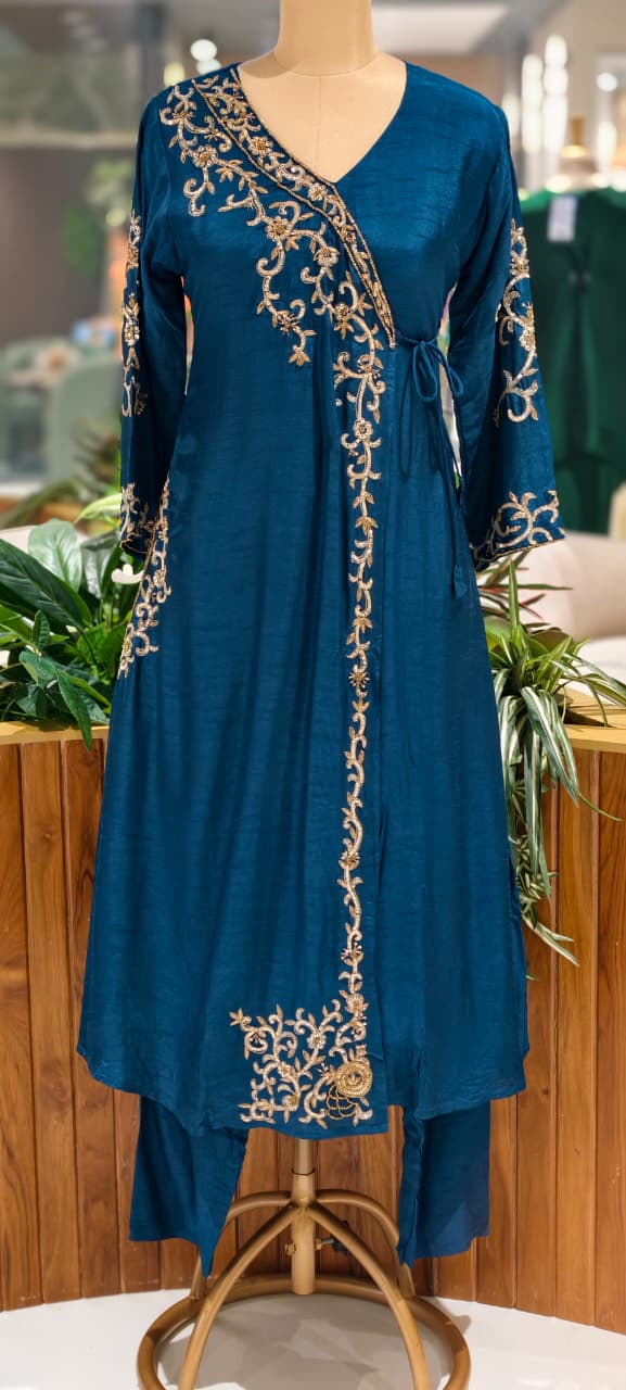 Royal Navy Blue Hand-Embroidered Branch Tail Angrakha Side Knotted Russian Silk A-Line Full Suit Set With Dupatta- 15990