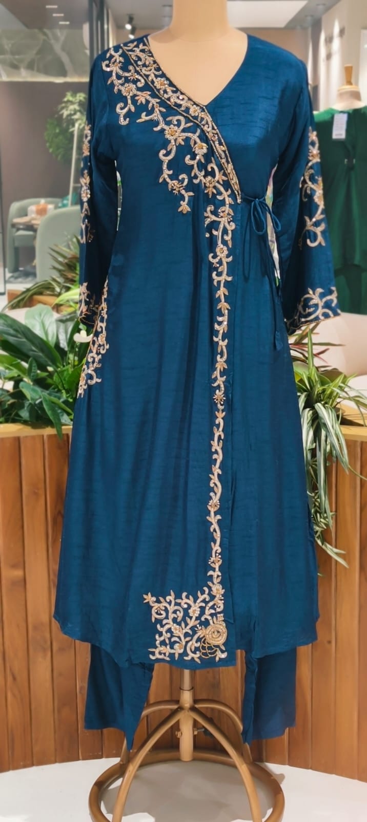 Royal Navy Blue Hand-Embroidered Branch Tail Angrakha Side Knotted Russian Silk A-Line Full Suit Set With Dupatta- 15990
