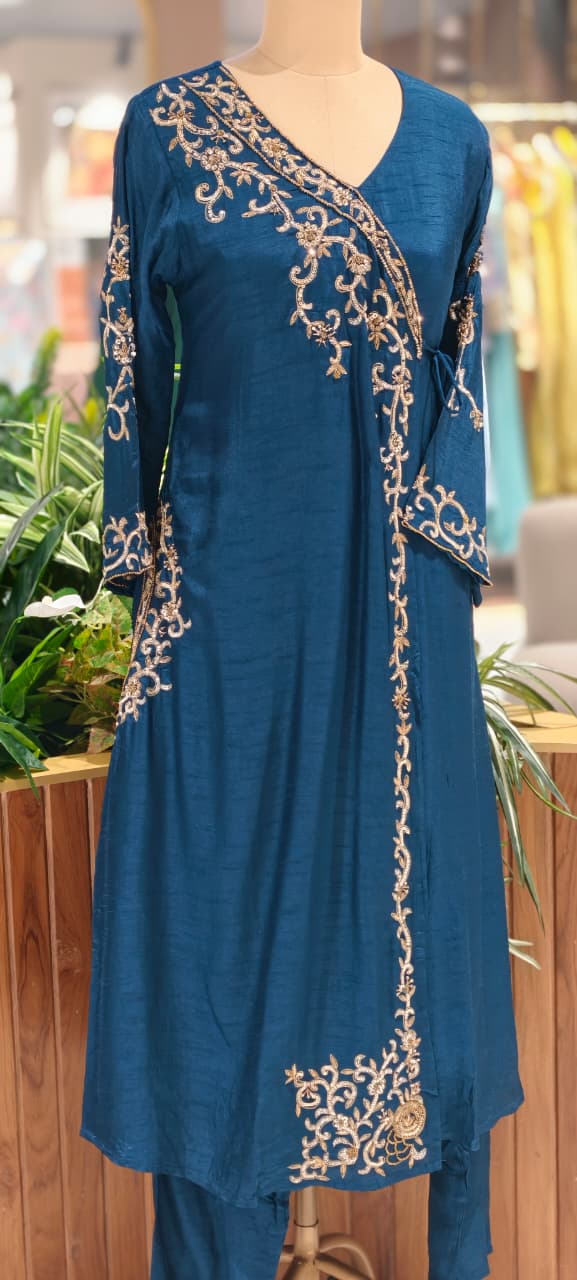 Royal Navy Blue Hand-Embroidered Branch Tail Angrakha Side Knotted Russian Silk A-Line Full Suit Set With Dupatta- 15990