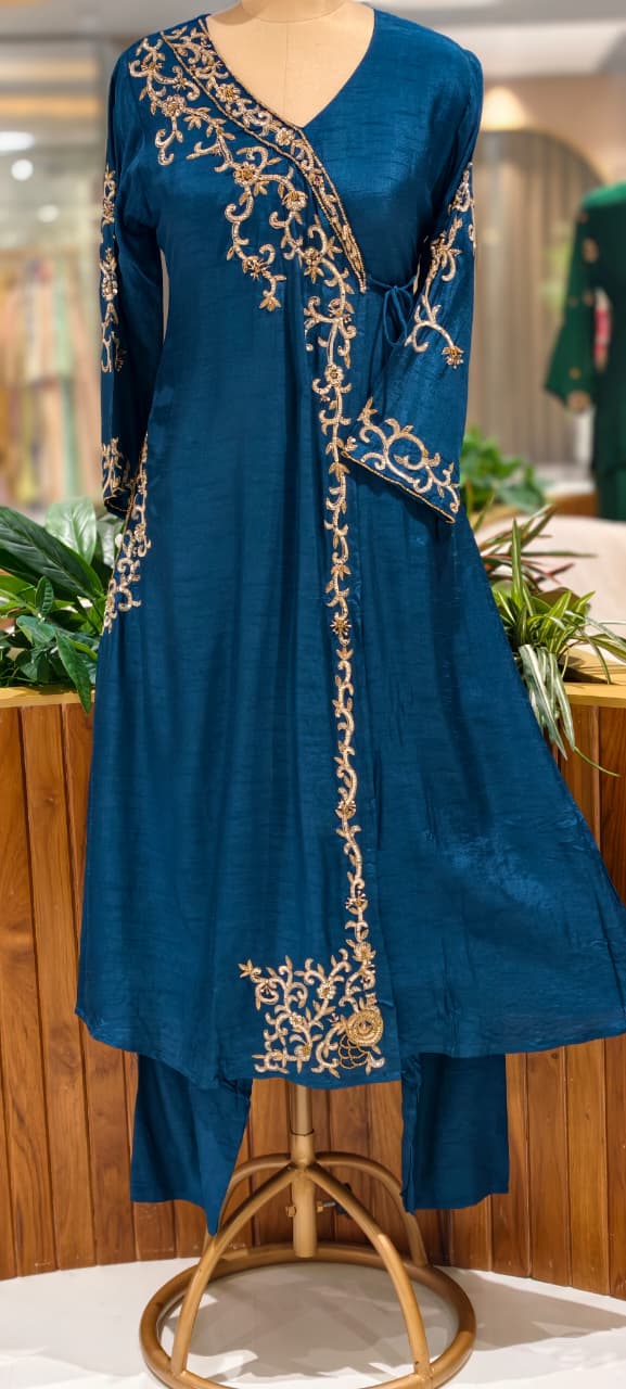 Royal Navy Blue Hand-Embroidered Branch Tail Angrakha Side Knotted Russian Silk A-Line Full Suit Set With Dupatta- 15990