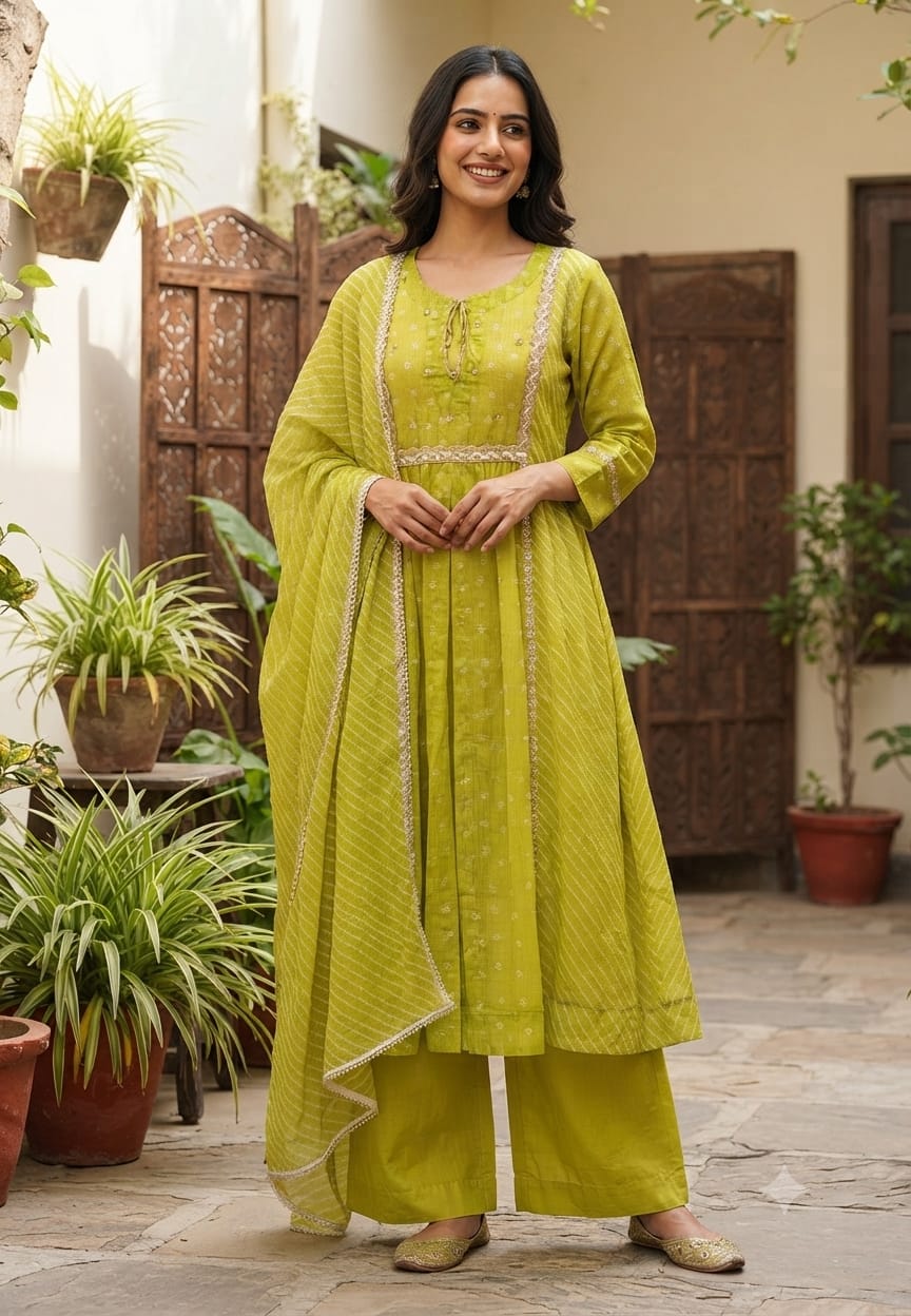 Parrot Inspired Shade Shimmer Border Highlights Leher Panel Checks Kora Cotton A-line Full Suit Set With Dupatta- 15986