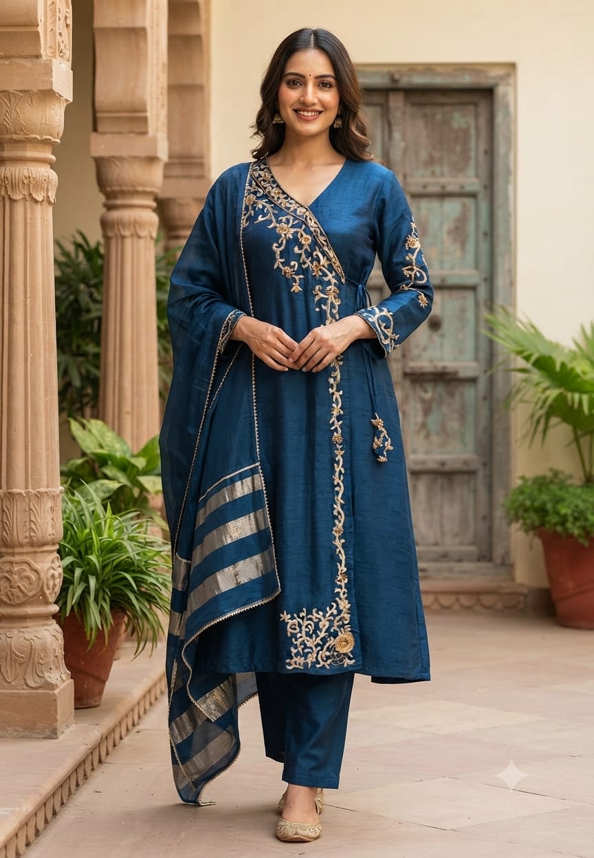 Royal Navy Blue Hand-Embroidered Branch Tail Angrakha Side Knotted Russian Silk A-Line Full Suit Set With Dupatta- 15990