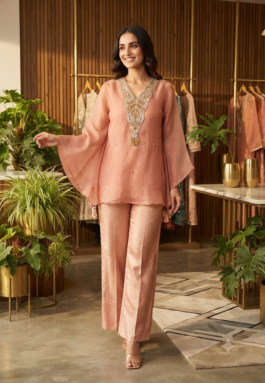 Intricate Beads With Cut-Dana Embroidered Neckline Crush Tissue Kaftan Style Sleeve Co-Ord Set With Brocade Bottom- 15967