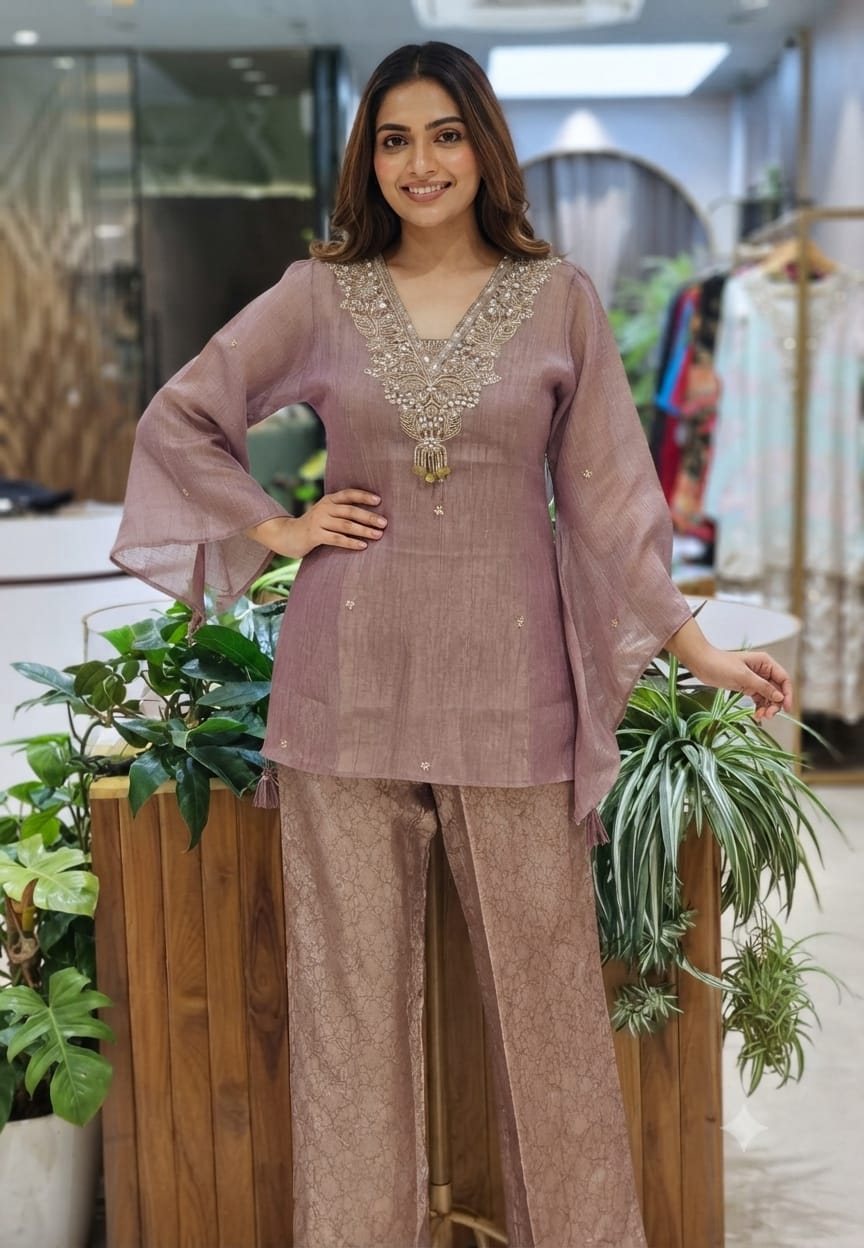 Intricate Beads With Cut-Dana Embroidered Neckline Crush Tissue Kaftan Style Sleeve Co-Ord Set With Brocade Bottom- 15967