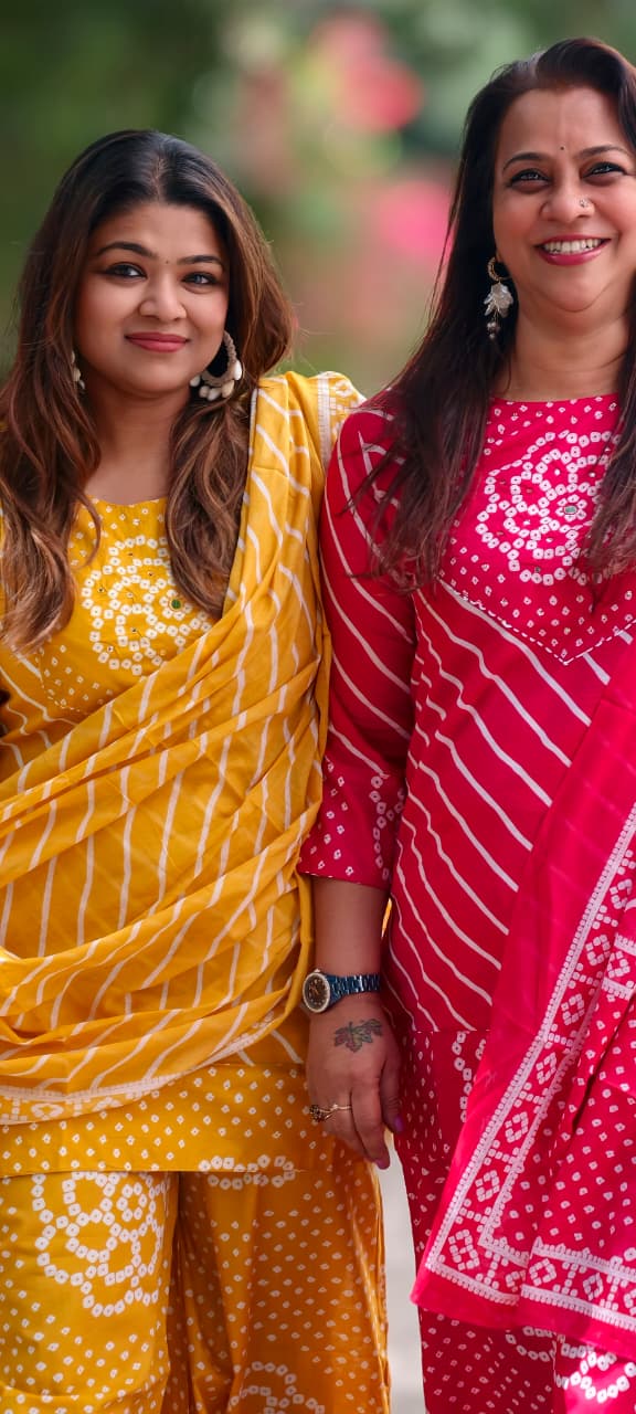 Floral Yoke Bandhej With Leheriya Print Short Length Kurta Full Suit Set With Loose Bottom & Dupatta In Cotton Fabric- 15833 (Lean Fit)