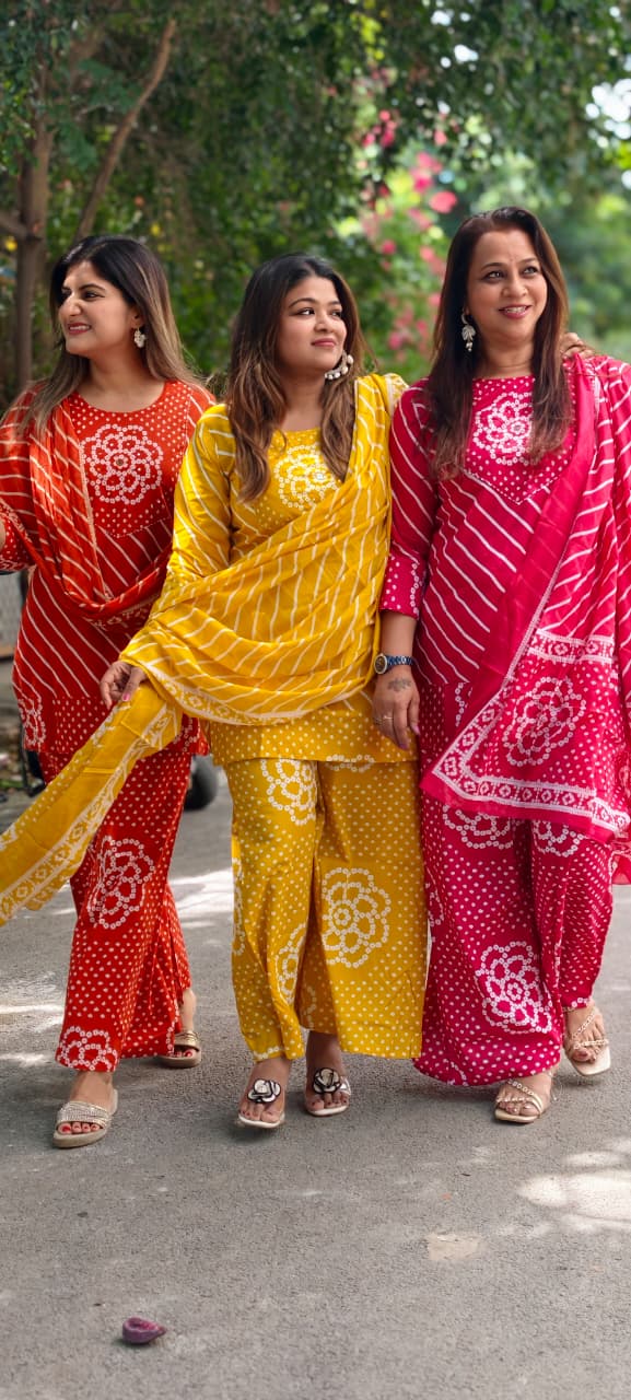 Floral Yoke Bandhej With Leheriya Print Short Length Kurta Full Suit Set With Loose Bottom & Dupatta In Cotton Fabric- 15833 (Lean Fit)